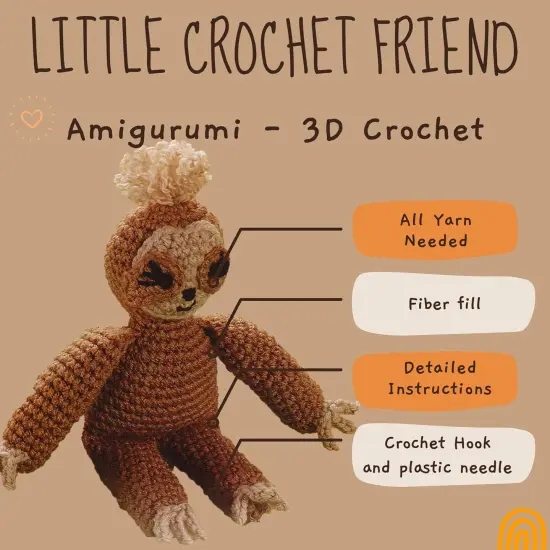 Little Crochet Friend Animals Crochet Kit, Sloth, 8", Complete Kit, Learn to Animal Starter Kit for All Ages, Includes Instructions, DIY Amigurumi Kits {3}