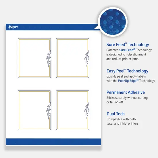 Avery Printable Rectangle Labels, Gold & Navy Border with Florals, 4" x 3-1/3", Matte White Rectangle Labels, Permanent, Laser/Inkjet, 40ct, Great for Product Labels {3}
