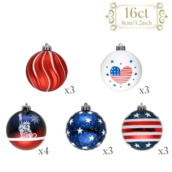 Independence Day Bauble Ornaments, 16 Piece Patriotic Tree Decor {2}