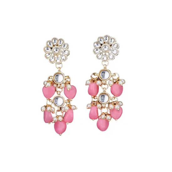 Indian Jhumka Earrings for Women - Large Floral Kundan Faux Pearls Drop Chanbali Earrings Indian Jhumki Ethnic Beaded Bollywood Style Dangle Earrings Jewelry for Bride Birthday Gift for Her PINK {1}