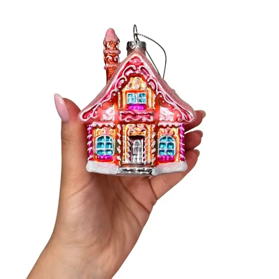 Frosted Pink Cottage Glass Christmas Ornament, Sugar Sweet Gingerbread Home Holiday Tree Decoration {4}