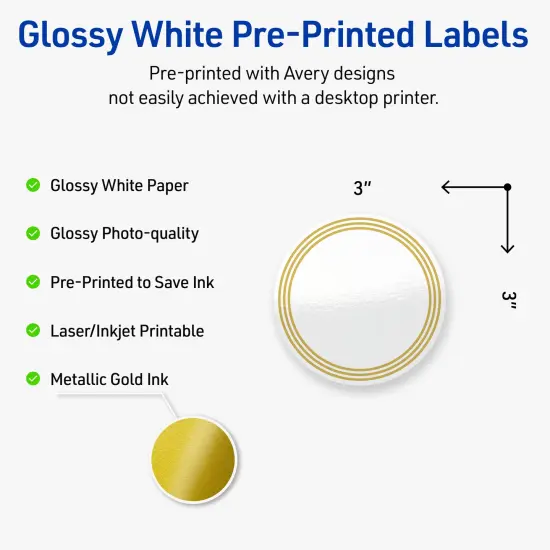 Avery Printable Round Labels, Gold Multi-Lined Border, 3" Diameter, Glossy White Round Labels, Permanent, Laser/Inkjet, 60ct, Great for Product Labels {2}
