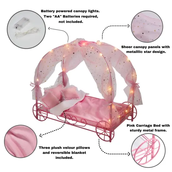 Badger Basket Royal Carriage Metal Doll Bed with Canopy, Bedding and LED Lights - Pink/White/Stars {3}