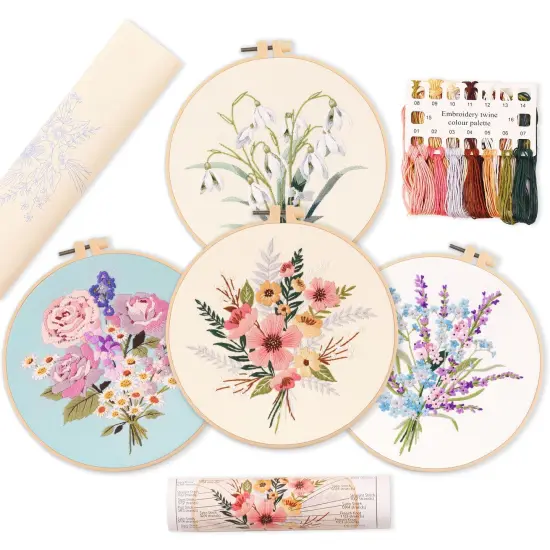 REEWISLY 4pcs of Embroidery kit with Patterns and Instructions, DIY Adult Beginner Cross Stitch Kits, Including 2 Plastic Embroidery Rings, 1 Pair of Scissors, Colored Threads and Needles {1}