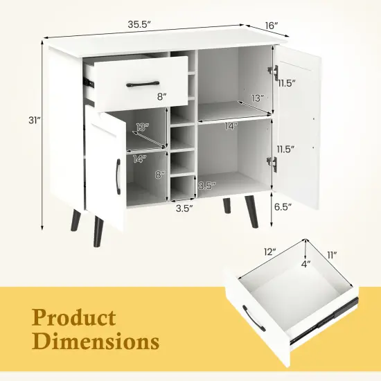White Engineered Wood Buffet Cabinet with Drawer, Wine Rack and Adjustable Shelves {4}