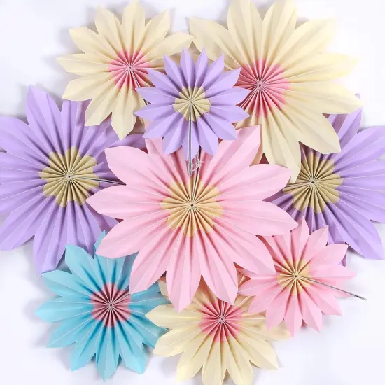 9 PCS Pastel Paper Flower Decorations,Yellow,Pink and Purple Pastel Party Decorations,Sunflower Folding Paper Fans,Classroom Decoration Paper Floral {1}