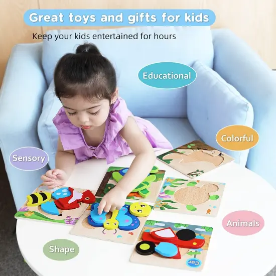 Magifire Wooden Puzzles, Set of 6 Montessori Style Toys for 12M+, Baby Wood Toys with Chunky Pieces with Bag - Butterfly, Bee, Woodpecker, Bear, Car, Turtle {2}