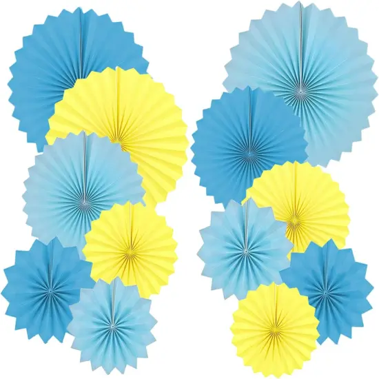 Paper Round Fan Party Decorations, Blue Yellow Hanging Fans for Carnival Circus,Cartoon,Sport, Birthday Party, Baby Shower, Graduation Events,Set of 12(8",10",12",14") {1}