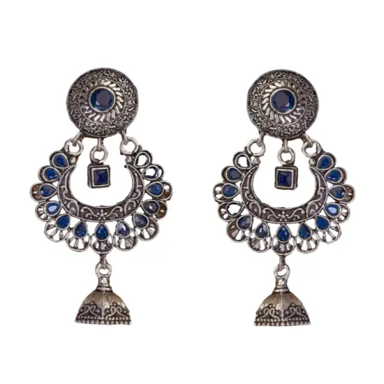 Indian Oxidized Jhumka Earrings for Women - Indian Oxidized Bell Jhumki Ethnic Floral Chandbali Earrings Faux Pearls Bollywood Style Floral Dangle Earring Jewelry for Bride Gift for Her BLUE {1}