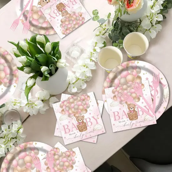 96Pcs Bear Baby Shower Party Tableware (Pink) {5}
