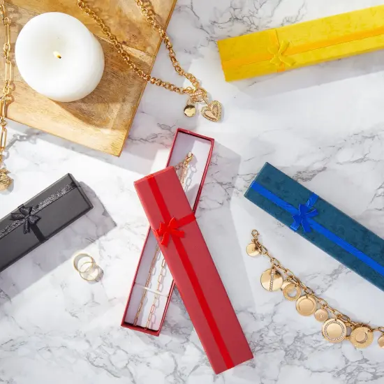 24 Pack Empty Jewelry Gift Boxes for Necklaces, Bracelets, Press On Nail Packaging with Lids and Decorative Ribbon Knot, 6 Colors (7.9 x 1.6 In) {2}