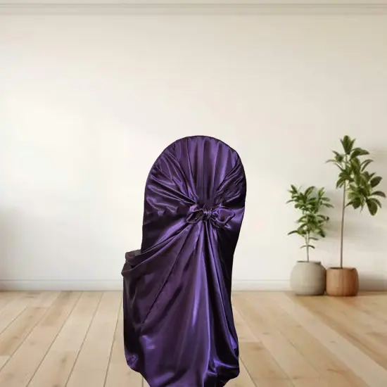 1 Piece Satin Self Tie Universal Banquet Chair Cover Eggplant {3}