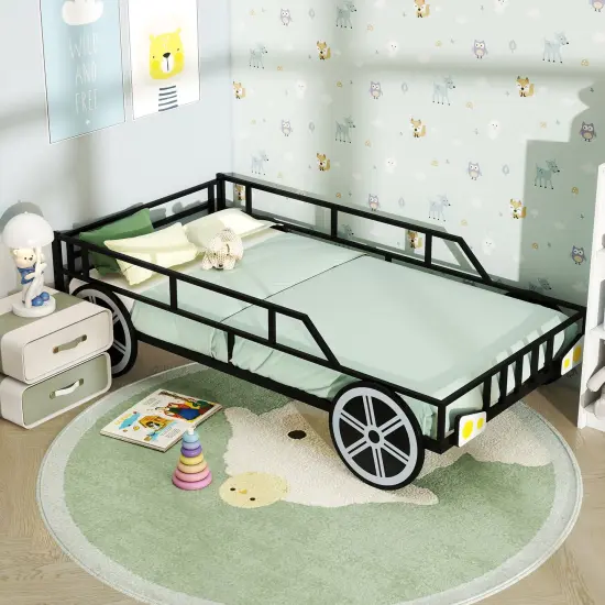 Black Metal Twin Bed Frame for Kids with Race Car Design Safety Guardrails and Under-Bed Storage {1}