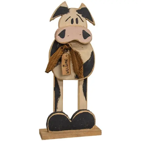 Wood Rustic Cow Figurine with Fabric Tie on Wooden Base {1}