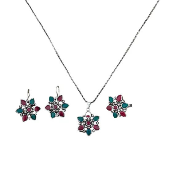 Women South Indian Stone Adjustable Pendant Jewelry Set ?? Traditional Ethnic Oxidized Bollywood Look Necklace Set WHITE {6}