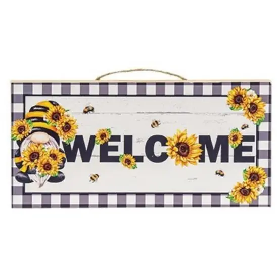 Wood Sunflower Gnome Welcome Block Sign with Checkered Border {1}