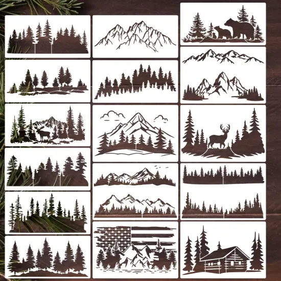 Pine Tree Stencils Animal Stencils Wood Burning Stencils Patterns Forest Mountain Stencil Reusable Tree Deer Bear Drawing Templates for Painting on Wood Wall Fabric Decor {1}