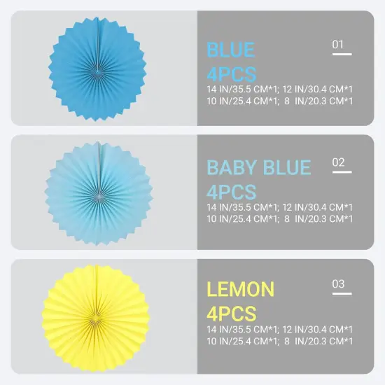 Paper Round Fan Party Decorations, Blue Yellow Hanging Fans for Carnival Circus,Cartoon,Sport, Birthday Party, Baby Shower, Graduation Events,Set of 12(8",10",12",14") {2}