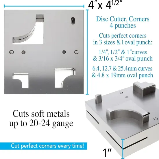 The Beadsmith Steel Disc Cutter Set Includes 4 Punches & Die. Tool for Cutting Corners from: 1/4", 1/2" & 1" Curves & 3/16" x 3/4" Oval Slot Punch. Use Soft Metal Sheet up to 20-24 Gauge & Thinner {7}