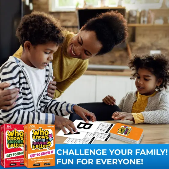 QUOKKA Board Games for Kids 8-12 and Family - Set of 4 Who Knows It Better? - 2000+ Questions Across Biology, Culture, STEM and Math - Educational Trivia Cards for Learning and Game Night {4}