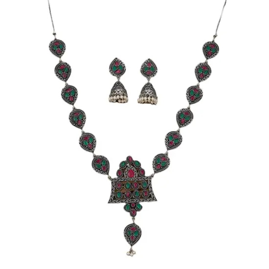 Indian Oxidized Jewelry Boho Tribal Jewelry Indian Long Necklace Bohemian Jewelry Afghani Tribal Tassel Long Ghungroo Necklace Earrings Set Choker Necklace Fashion Jewelry Blue {4}