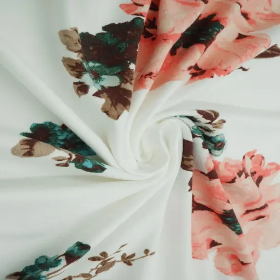 Brushed DTY Knit with Oversized Floral Print Soft Stretch Fabric, 58/60" Wide DENIM/BLUSH {2}