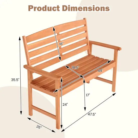 Wooden Garden Bench for 2 with Slatted Backrest and Armrests {4}