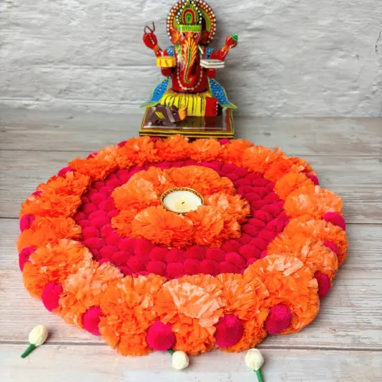 Rangoli Mat Diwali Decor Round Tea Light Holders Artificial Marigold Flowers Pompom Decorative Home Pooja Temple Decor Housewarming Return Gift Day of the Dead Dia De Los Muertos Ofrenda {6}