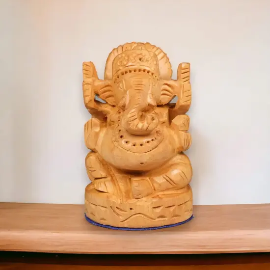 Wooden Ganesha Idol Hand Carved Lord Ganesh Wood Sculpture Gajanana Ganpati Bappa Figurine for Pooja - Home Decor Office Desk Hindu God Idol Murti Good Luck & Success - Hindu God Idol {7}