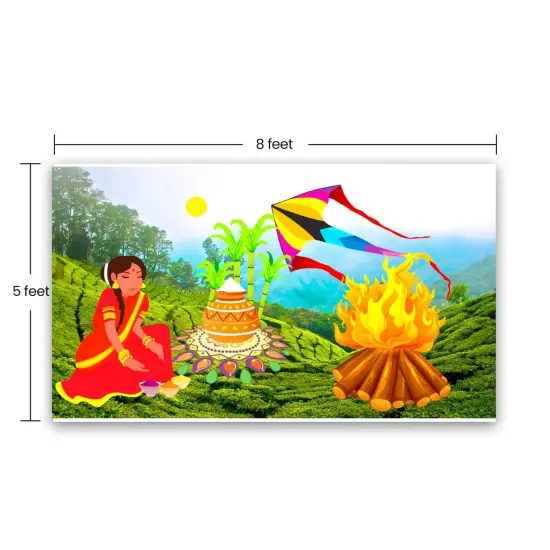 Happy Lohri Backdrop Banner - Indian Traditional Cloth 5x8 Feet Backdrop Pongal Backdrop Makar Sankranti Decor Wall Art Photo Decor Banner Indian Harvesting Festival Bonfire Photography {4}