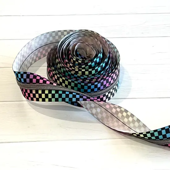 Bright Rainbow Checker Tape with Gun Metal Teeth Zipper Tape {1}