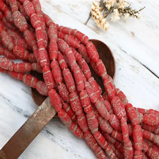 14x8mm Rustic Aged Red Indonesian Java Glass "Bottle" Beads (18" Strand) {3}