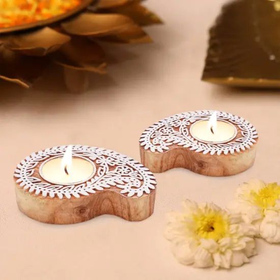 Wooden Block Print Tea Light Candle Holders for Diwali Handmade Tlight for Deepawali Decoration Items Designer Diya Deepam for Goddess Worship Housewarming Gifts (hamsa/paisley/star/lotus) {6}