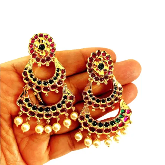 Indian Jhumka Earrings for Women - Vintage Indian Jhumki Ethnic Chandbali Earrings Pink & Green Beaded Bollywood Style Dangle Earring Jewelry for Bride | Gift for Her {2}
