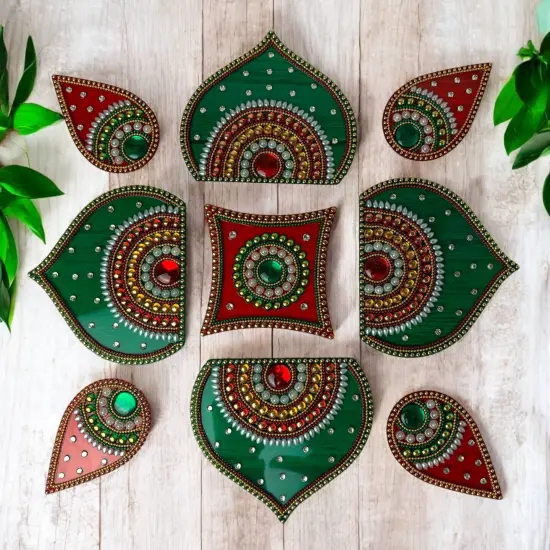 Diwali Acrylic Rangoli Set Decorative Pooja Floor Rangoli with Studded Stones Indian Traditional Multicolor Handmade Reusable Rangoli Set Festive Home Decor Housewarming Gift {1}