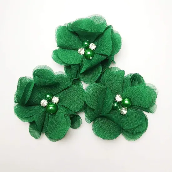 Craft Pac.k of 12pcs Chiffon Flowers Ribbon Bows W/Beads 2-3/8" (60mm) (Bright Green) {2}