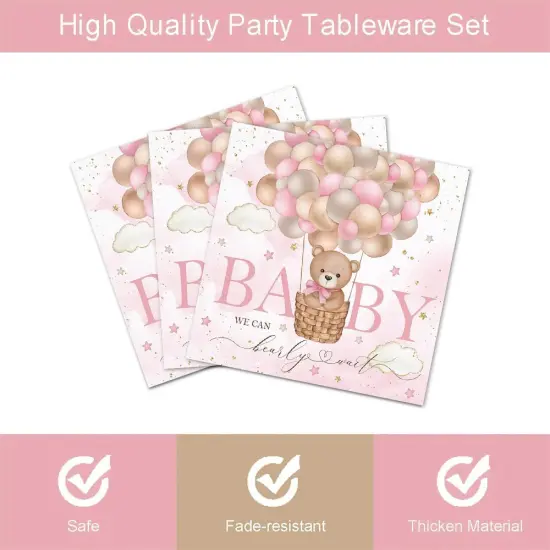 96Pcs Bear Baby Shower Party Tableware (Pink) {3}