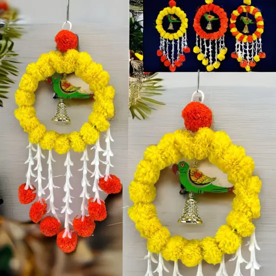 Pack of 1 Parrot Marigold Hanging Jhoomer Marigold Wall Hanging Artificial Flowers Wedding Garland Pooja Backdrop Indian Mehndi Decor Diwali Decor Latkan Yellow Orange {2}
