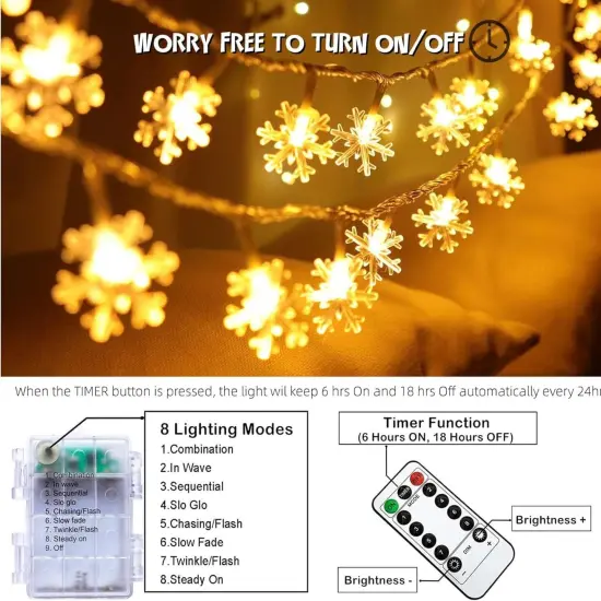 Christmas Snowflake Lights - 20ft 40LED 8 Modes & Timer (Warm White) {8}