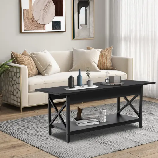 Black Wood Metal Coffee Table with Shelf, X Shaped Frame {4}