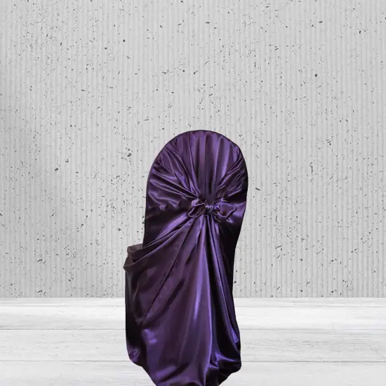 1 Piece Satin Self Tie Universal Banquet Chair Cover Eggplant {5}