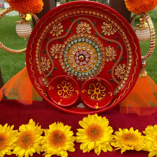 6 Inch Rhinestone Pooja Aarti Thali with Bowls Meenakari Work Red Painted Handmade Platter Haldi Kumkum Thali Ganesha Chaturthi Teej Diwali Puja Thali Housewarming Gift {6}