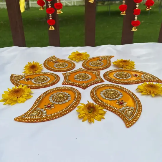 Acrylic Rangoli Set Indian Traditional Handmade Reusable Paisley Design Rangoli Diwali Navratri Home Temple Decor Floor Table Decoration - Deepawali Wedding Housewarming Gift (12 Inches) Mango {6}