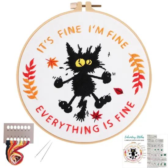 Louise Maelys Cute Cat Embroidery Kits for Beginners with Funny Animal Pattern,Adults Starter Cross Stitch Kit DIY Needlepoint Everything is Fine {1}
