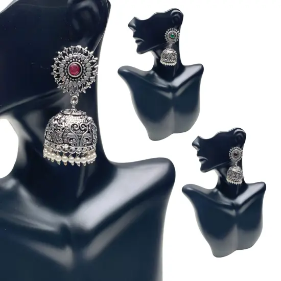 Indian Oxidized Jhumka Earrings for Women - Indian Floral Oxidized Jhumki Ethnic Chandbali Earrings Faux Pearls with Oxidized Platting Bollywood Style Dangle Earring Jewelry for Bride BLACK {5}