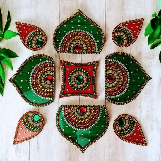 Diwali Acrylic Rangoli Set Decorative Pooja Floor Rangoli with Studded Stones Indian Traditional Multicolor Handmade Reusable Rangoli Set Festive Home Decor Housewarming Gift {3}