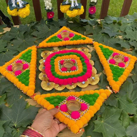 Rangoli Mat with Tea Light Candle Holder for Diwali Christmas Onam Pongal Decorations Pompom Rangoli Floor Home Temple Table Decor - Indian Traditional Deepawali Decoration (1 Pcs) {2}