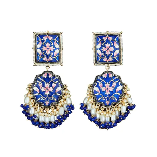 Oversized Indian Jhumka Earrings – Square Stud Jhumki, Ethnic Chandbali with Floral Print & Faux Pearls – Bollywood Dangle Jewelry for Women, Bride & Birthday Gift MAROON {2}