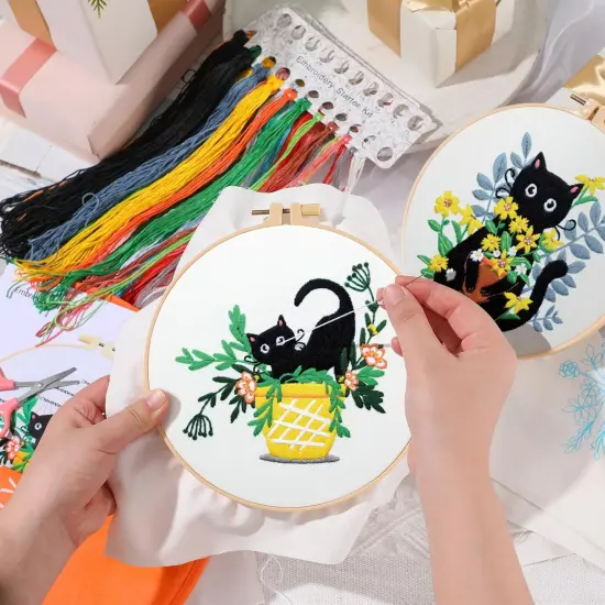 5 Sets Embroidery Starter Kit with Black Cat Patterns and Instructions {4}