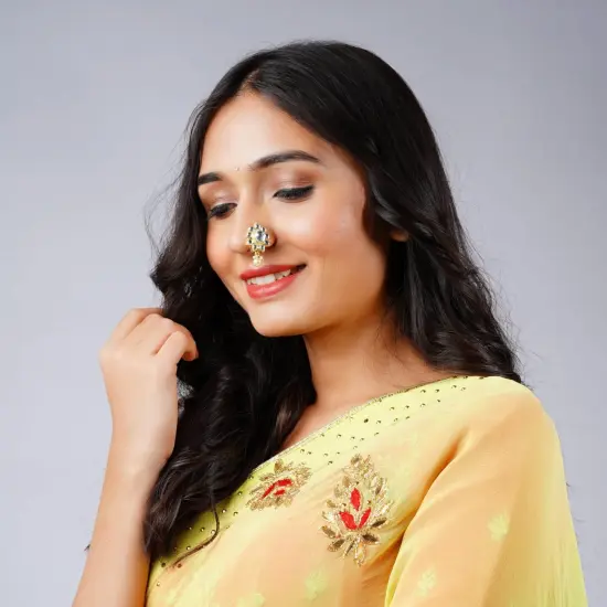 Indian Kundan Nose Ring for Women - Indian Bridal Nose Stud Ring Clip-On Septum Jewelry Faux Pearl Drop Kundan Crystal Bollywood Style Marathi Nath Non-Piercing Nose Accessory Gift for Her {3}